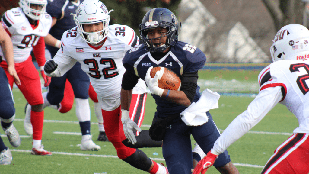 a football player runs with the ball during a game