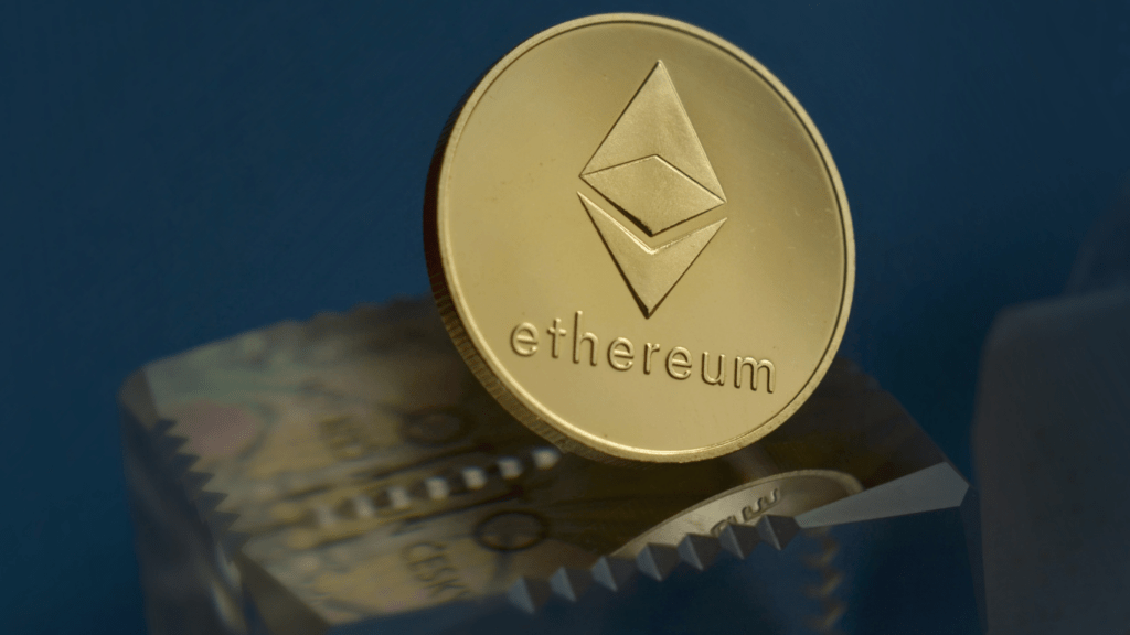 ethereum coin on top of a pile of money